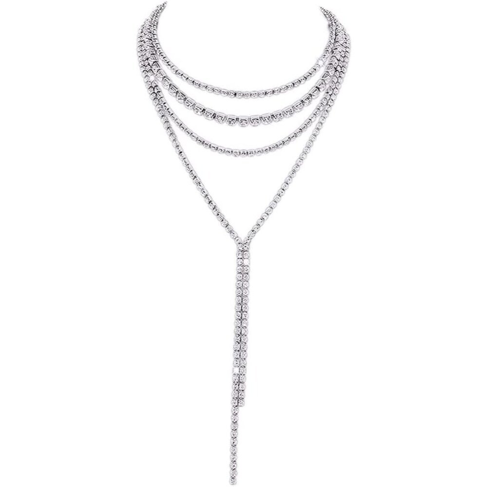 Women Rhinestone Necklace Bib Choker Silver Alloy Tennis Chain Elegant Jewelry